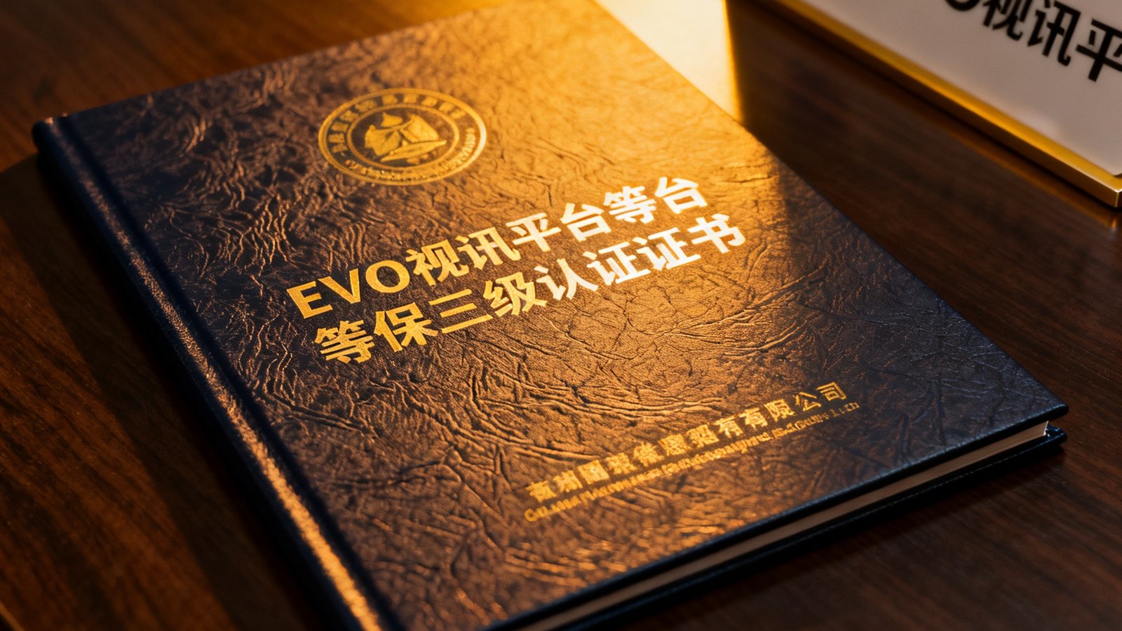 EVO视讯平台等保三级认证证书的特写照片，证书置于深色木质桌面上，旁边摆放着公司品牌标识牌，光线柔和庄重。